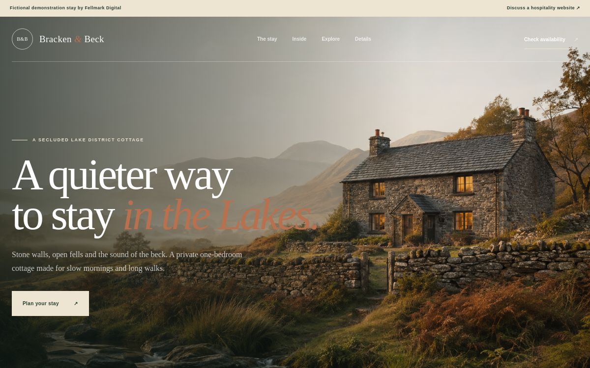 Bracken and Beck hospitality homepage concept showing a Lake District cottage