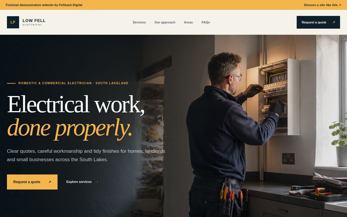 Low Fell Electrical homepage concept showing an electrician at work